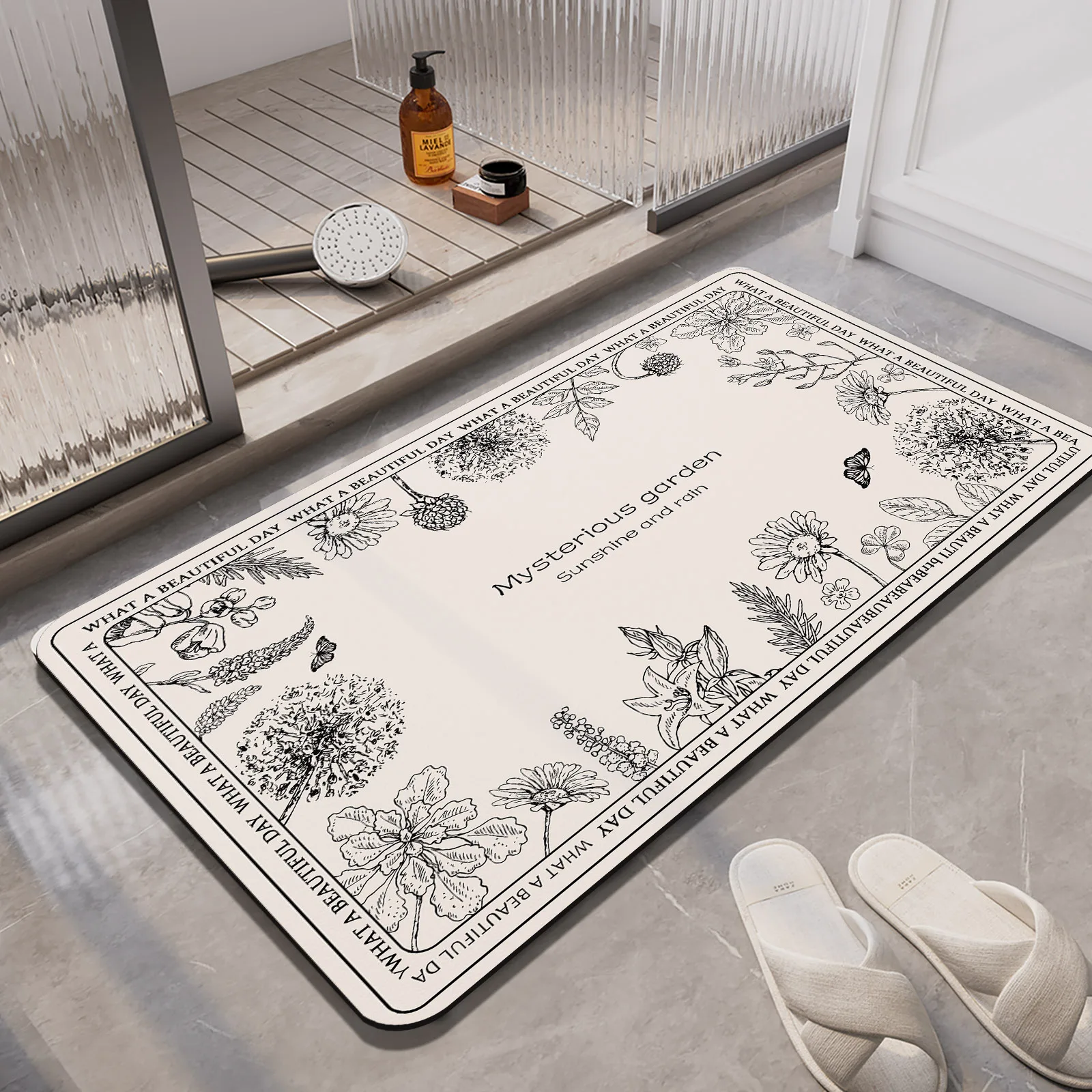 Bamboo Bath Mat - レトロ調の高級感あふれる磁器質バスマット。吸水性があり、速乾性、滑り止め効果があり、シャワーカーペット、トイレマット、玄関マットとしても使用可能。洗濯可能。